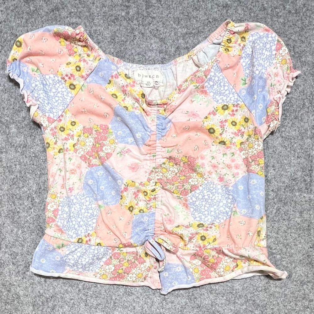 Btween Girls Floral Patchwork Ruched Peasant Top Pink Blue Yellow‎ Youth 10